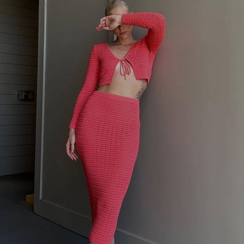 Cárdigan corto informal con aberturas y cordones para mujer, de punto, con falda sexy 