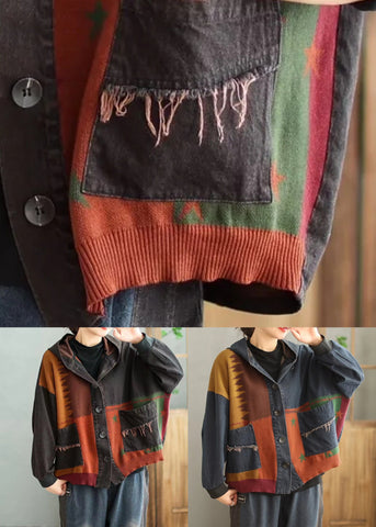 Plus Size Blau Kapuzentaschen Patchwork Denim Mantel Frühling 