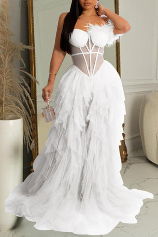 Elegantes, einfarbiges, ärmelloses Maxikleid aus Netzstoff in Wickeloptik 