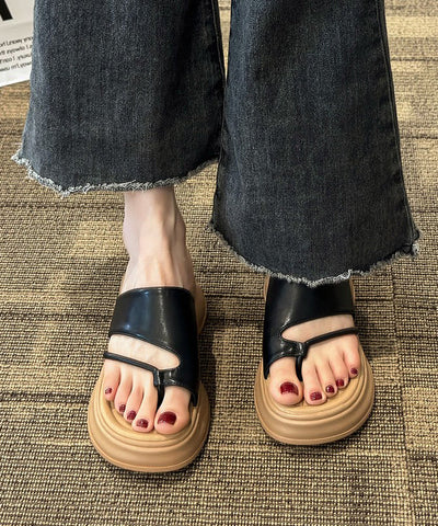 Schwarze Flip-Flops mit Plateau-Design, Kunstleder, bequeme Spleiß-Sandalen 