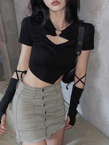 High Street Short Sleeve T-shirt Women Harajuku Summer Hollow Out Slim Design Ins Korean Style Above Navel Cropped Top All-match