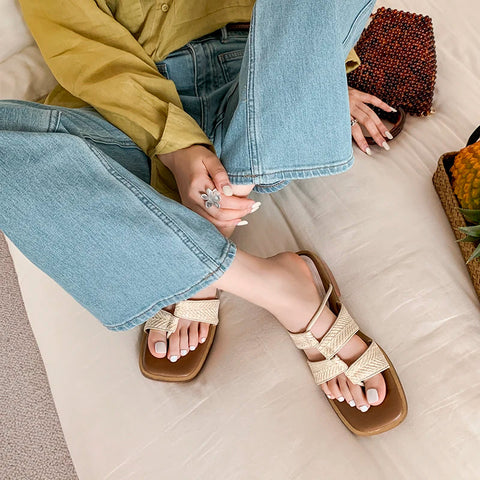 Zapatillas de verano para mujer, tipo mules, con punta abierta y tacón medio, modernas, estilo gladiador. 