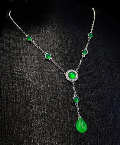 Neu Grün Sterling Silber Overgild Zirkon Jade Quaste Anhänger Halskette 