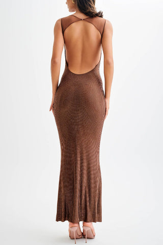 Midnight Fantasy – Stretch-Maxikleid mit Pailletten und Netzstoff-Schultergurten und offenem Rücken 