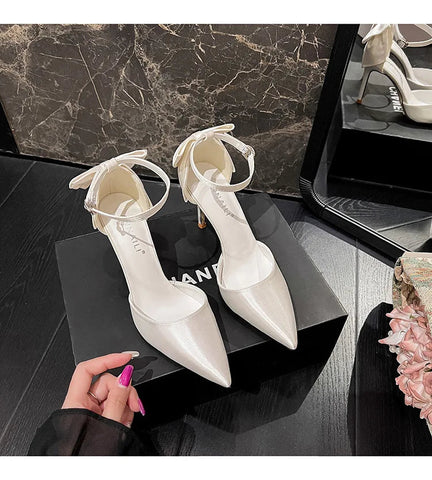 Neue High Heels Damen Dünne Fersenriemen Satin Weiß Hochzeitsschuhe Schmetterling Brautschuhe 