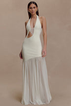 Asymmetrical Cutout Shirred Backless Fitted Maxi Dress