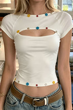 Color Button Hollow Cropped T-Shirt