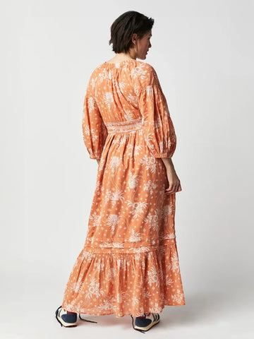 A-Line Flowy Dress Printed V-Neck Puff Sleeves Casual Summer Maxi Dresses