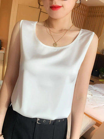 Camisetas de manga corta finas de seda para mujer, ropa de verano, elegantes, lisas, holgadas e informales, 2024 