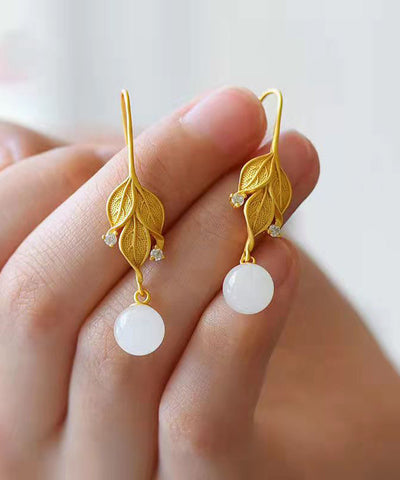 Damen Gold Sterling Silber Overgilt Zirkon Jade Blatt Tropfen Ohrringe 