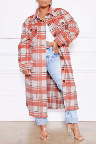 Casual Plaid Print Patchwork Buckle Turndown Collar Outerwear