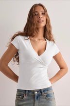 Deep V Neck Solid Slim Waist T-shirt