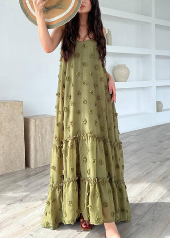 Armeegrünes Blumenkleid aus Baumwolle mit Spaghettiträgern und Rüschen 