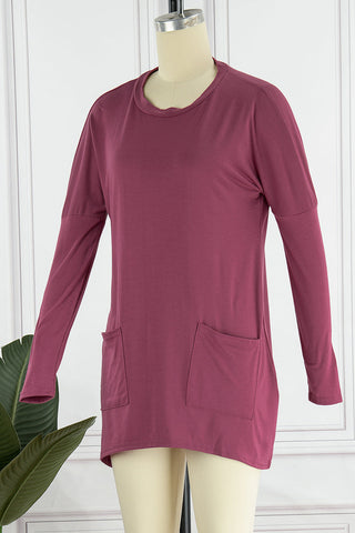 Tops casuales de cuello redondo con bolsillos y parches sólidos (13 colores) 