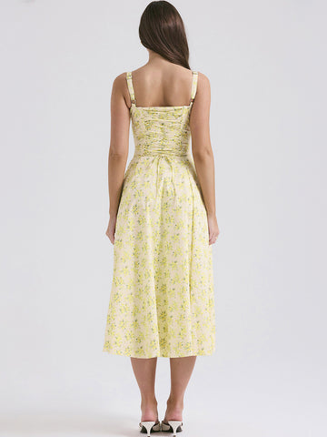 Vestido midi de fiesta con corsé, floral, tirantes anchos, espalda descubierta y abertura lateral