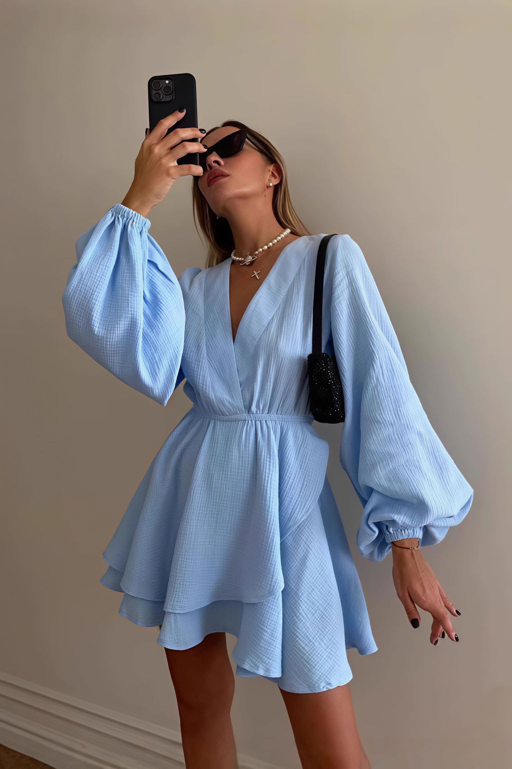 Fashion Solid Color Waist Cinching Mini Dress