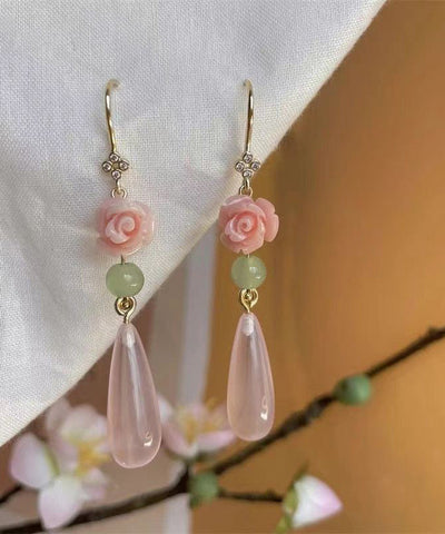 Retro Pink Sterling Silver Overgild Water Drop Rose Drop Earrings