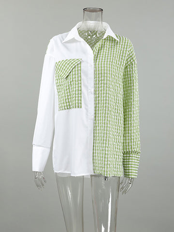 Long Sleeves Loose Buttoned Contrast Color Plaid Pockets Split-Joint Lapel Blouses&Shirts Tops