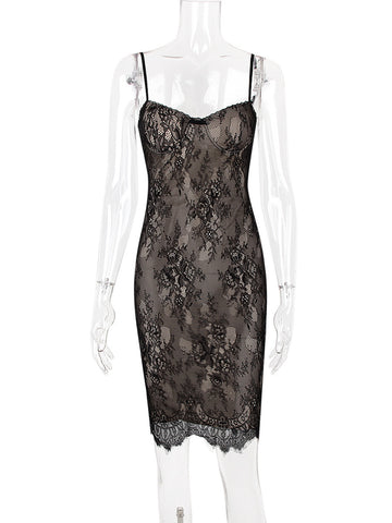 Vestido ajustado con encaje, tirantes finos, espalda descubierta, sexy, midi 
