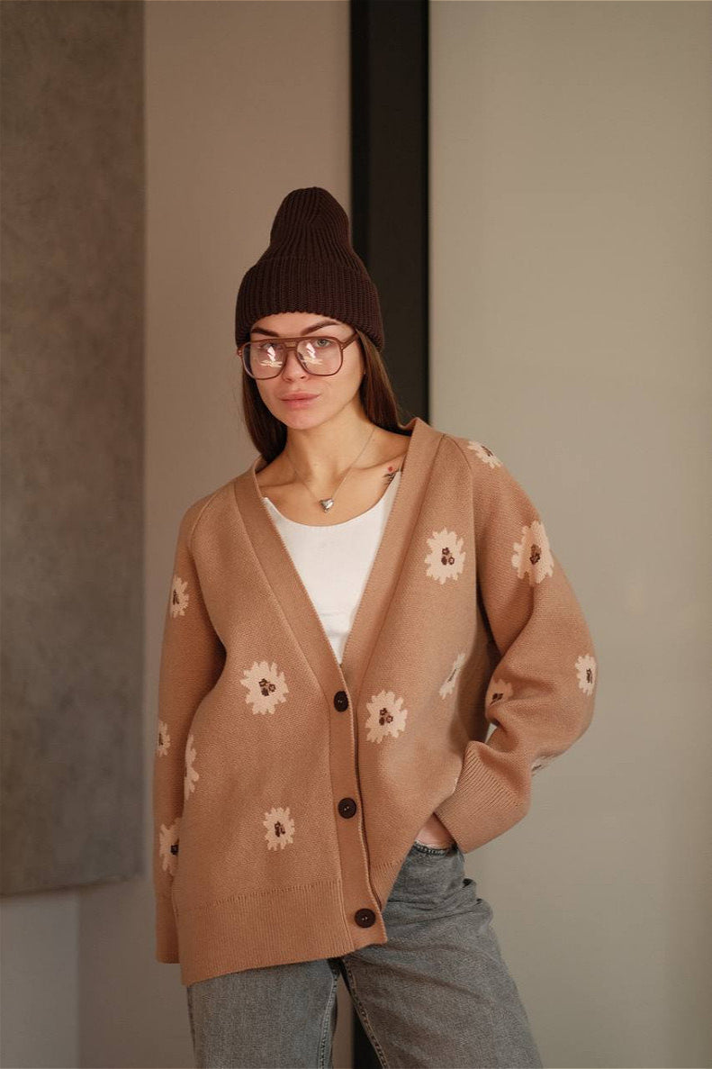 Fuzzy Daisy Jacquard Loose V-Neck Cardigan