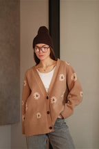 Fuzzy Daisy Jacquard Loose V-Neck Cardigan