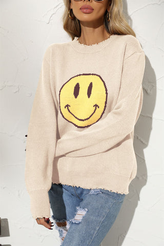 Suéter de punto holgado con cuello redondo de algodón y carita sonriente para mujer de oficina, estilo europeo 
