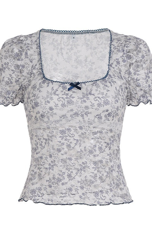 Lace Floral Mesh Fake Two Piece Blouse