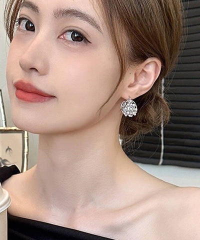 Modern Silk Sterling Silver Pearl Hollow Out Hoop Earrings