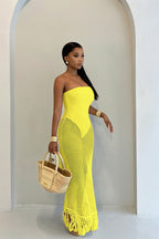 Solid Hollow Out Knitted Slim Vacation Maxi Dress