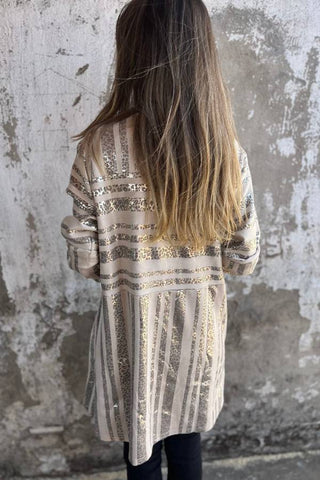 Modischer Wildleder-Midimantel mit langen Ärmeln und lockerer Tasche und Leopardenmuster in Goldfolie 