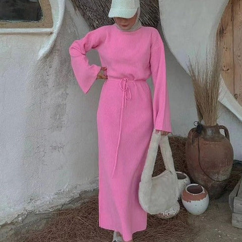 Vestido tipo suéter de manga larga, cintura alta, con cordones, para otoño e invierno, color liso, informal, tejido básico, largo 