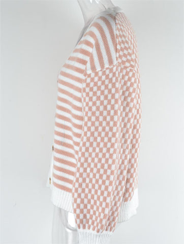 Cárdigan de punto con costura a cuadros y rayas para otoño e invierno para mujer 