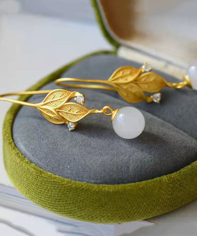 Damen Gold Sterling Silber Overgilt Zirkon Jade Blatt Tropfen Ohrringe 