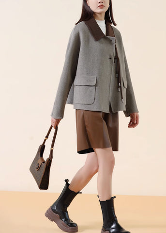 Abrigos de lana con botones chinos y patchwork con borlas grises de moda para invierno 