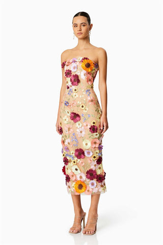 Vestido midi sin tirantes con bordado floral Belle 