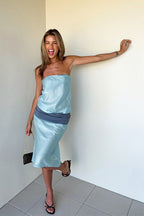 Strapless Contrast Sheath Sheer Midi Dress