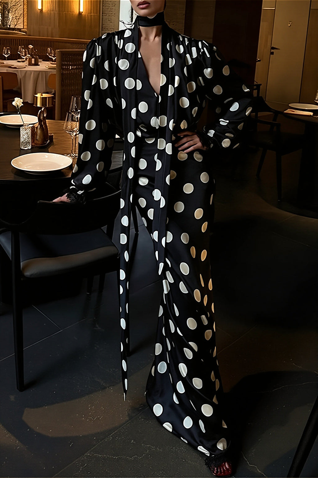 Vintage Polka Dot Sash Maxi Dress
