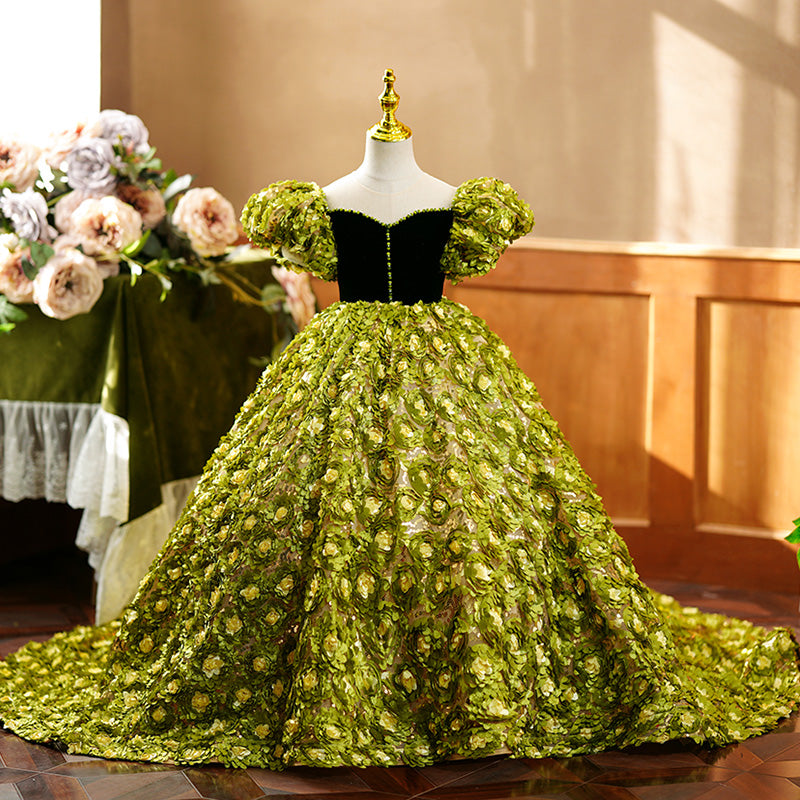 Vestido de niña de las flores con contraste de color verde floral, mangas abullonadas, vestido de comunión princesa con cola 
