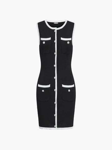 Vestido tipo suéter corto sin mangas con botones y múltiples bolsillos 