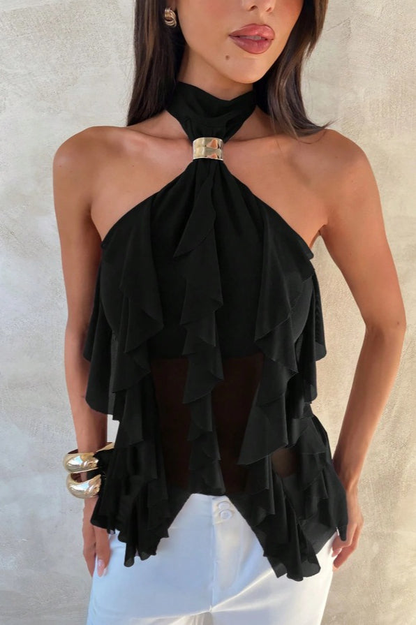 Chic Solid Ruffle Slim Halter Top
