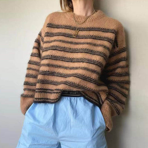 Autumn Winter Popular Fashionable Elegant Striped round Neck Thick Needle Long Sleeve Velvet Sweater