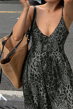 Leopard Print V Neck Backless Cami Vacation Maxi Dress