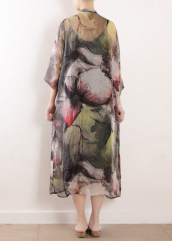 Women light gray prints blended dress Plus Size Photography side open long summer Dresses
