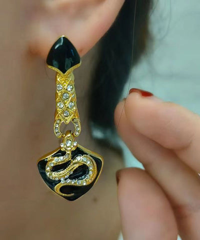 Vintage Schwarze Uraltgold Zirkon Asymmetrische Glasierte Serpentinen Form Tropfen Ohrringe 