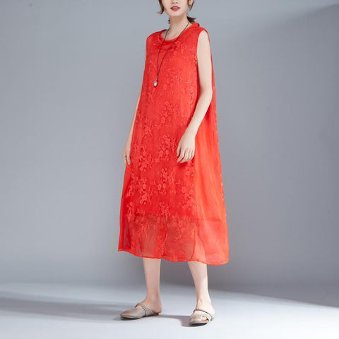 Women Embroidered Pullovers Sleeveless Red Dress