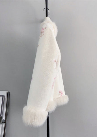 Vintage Rosa V-Ausschnitt Bestickter Fuchspelz Nerz Kaschmirmantel Winter 