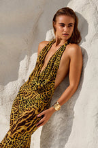 Slim Fit Leopard Cowl Backless Maxi Dress
