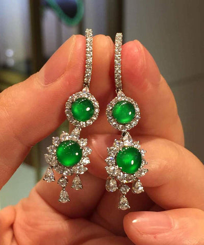 Damen Sterling Silber Ohrringe mit eingelegtem Zirkonia und Jade-Quaste 