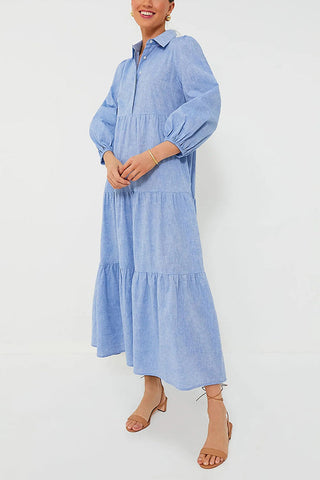 Vestido largo holgado con puños elásticos y solapa de color liso