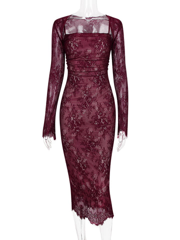 Figurbetontes Kleid aus Spitze, verstellbarer Spaghettiträger, Schnürung, sexy Party-Midikleider 